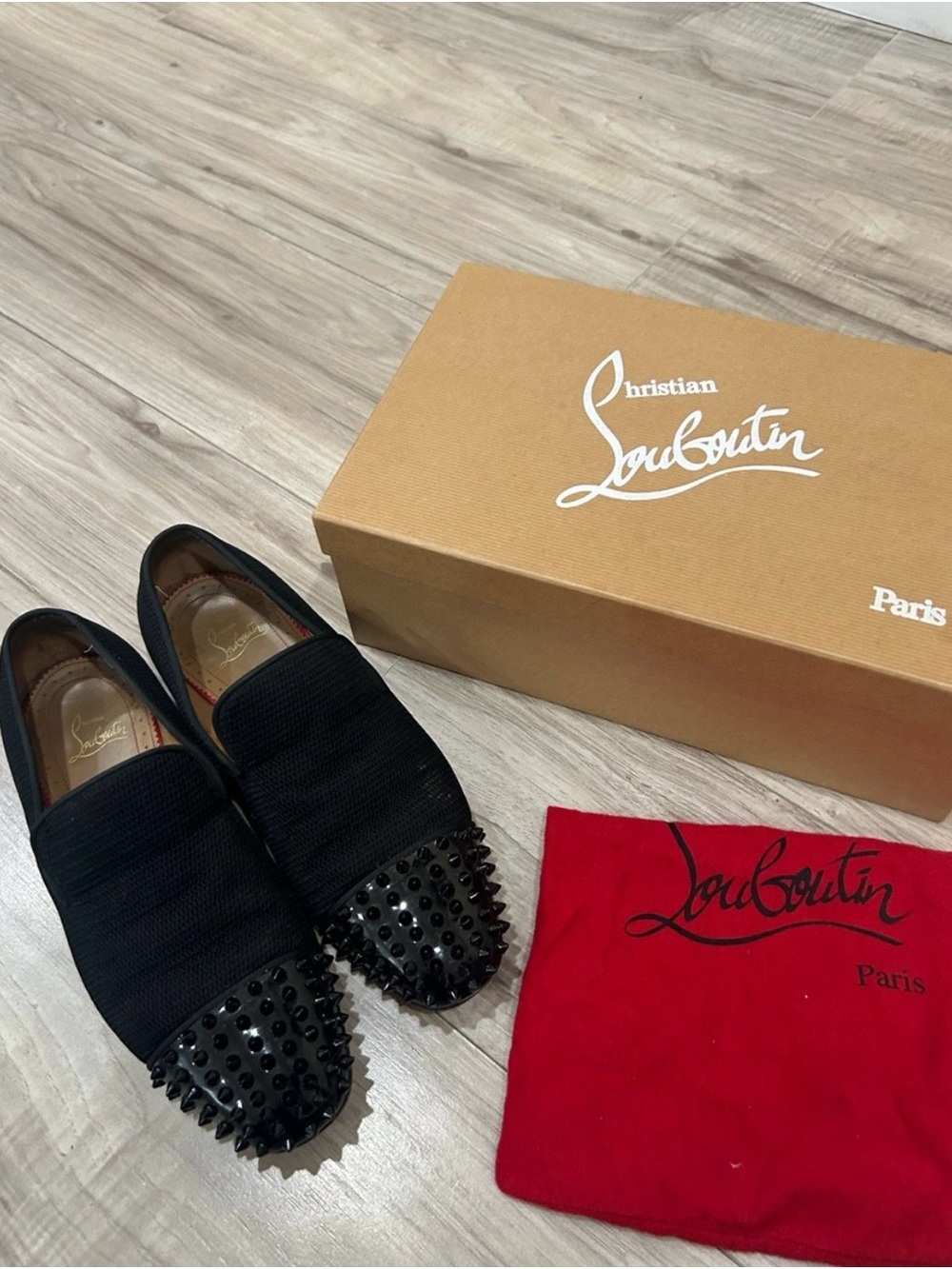 Final Sale Christian Louboutin Black Studded Toe Slip-On Loafers